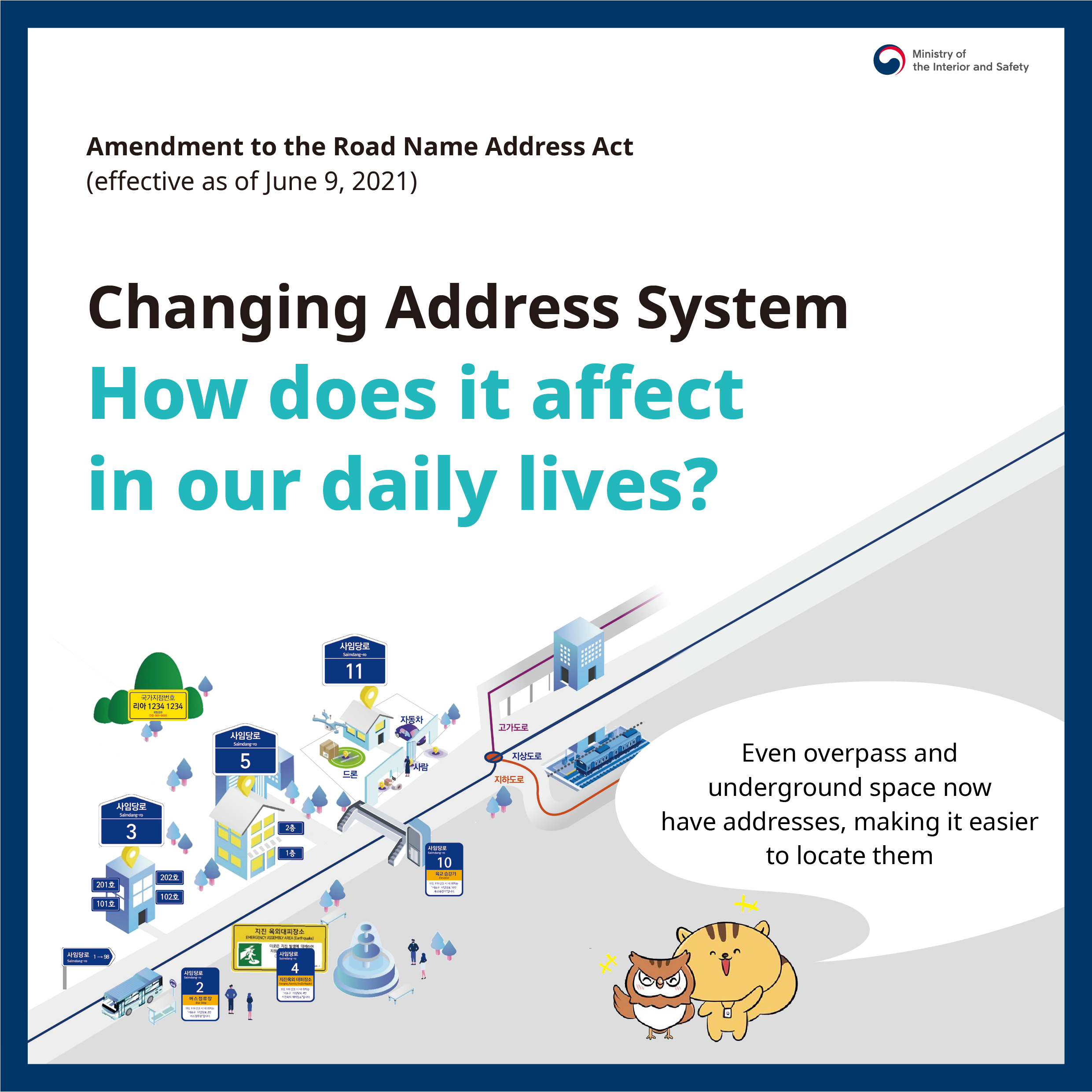 Amendment to the Road Name Address Act(effective as of June 9, 2021) Changing Address System. How does it affect in our daily lives? Even overpass and Underground space now have addresses, making it easier to locate them